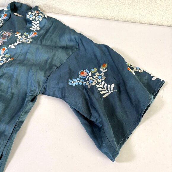 Novica Azure Autumn Floral Embroidered Kimono Jacket Size S M Blue Birds Pockets - Picture 12 of 13